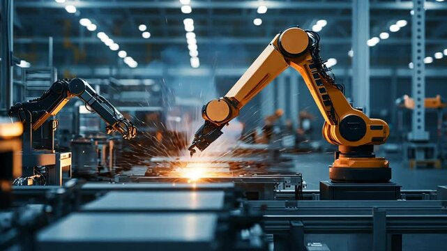 Industrial Robots Collaborate on Assembly Line