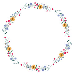A round flower frame, a wreath. Flower design template. Romantic banner of the celebration of a delicate wedding holiday. The plant is a decorative botanical border. Vegetation decor. Vector