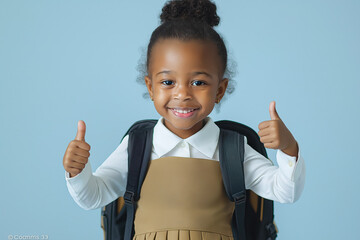 Happy little African-American girl ready for first day of Kindergarten, studio shot with blue background
