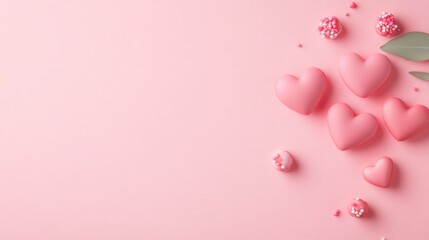 Pink hearts and sweets on a pink background