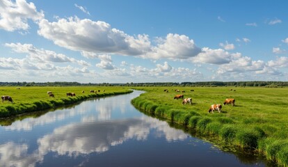 Cows graze by a river under a sunny sky, Serene landscape scene,