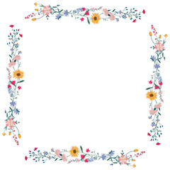 Square flower frame, wreath. Flower design template. Romantic banner of the celebration of a delicate wedding holiday. The plant is a decorative botanical border. Vegetation decor. Vector
