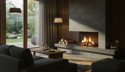 Cozy living room with fireplace, sofa, wine, and view to the garden,