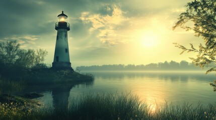 Fototapeta premium Lighthouse by river. Generative AI