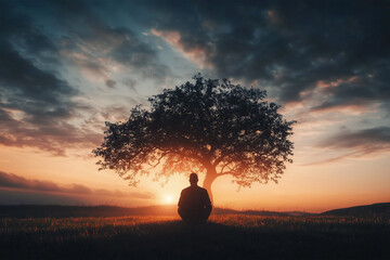A silhouette of a man praying under a tree against a vibrant orange sunset, evoking feelings of peace, reflection, and spiritual devotion