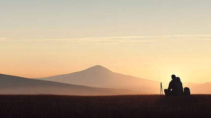 Silhouette of Hiker Resting at Sunset in Mountain Landscape