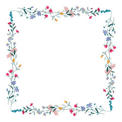 Square flower frame, wreath. Flower design template. Romantic banner of the celebration of a delicate wedding holiday. The plant is a decorative botanical border. Vegetation decor. Vector