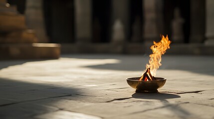 Naklejka premium Small burning fire in a brass bowl outdoors on stone ground Peaceful and serene scene