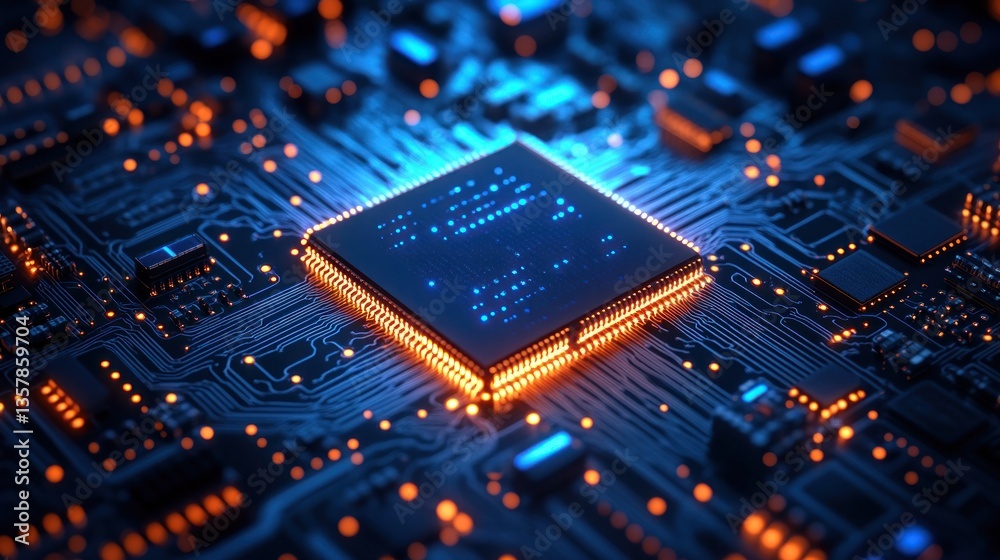 Poster glowing cpu chip on circuit board: high-tech microchip technology