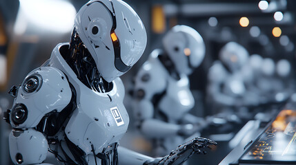Fototapeta premium Futuristic AI robots interacting with a digital interface, optimizing the workflow in a cutting-edge manufacturing facility.