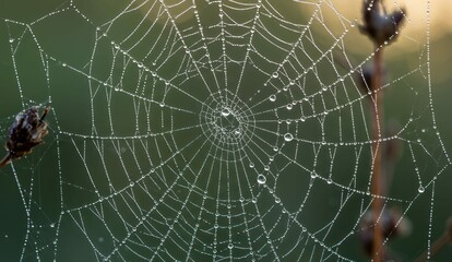 Obraz premium Spiderweb covered in water droplets hanging in nature,