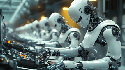 Fototapeta premium Futuristic AI robots managing the entire production process in a highly advanced, automated factory, assembling intricate machinery.