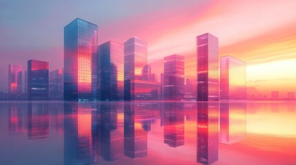 Fototapeta premium Pink Cityscape Sunset Reflection