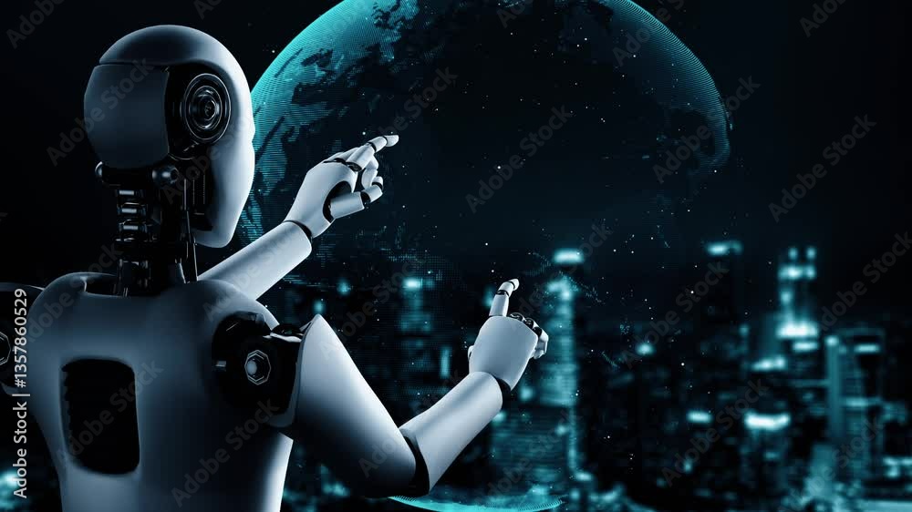 Poster ai robot huminoid uses cloud computing technology to store data on online server . futuristic concep