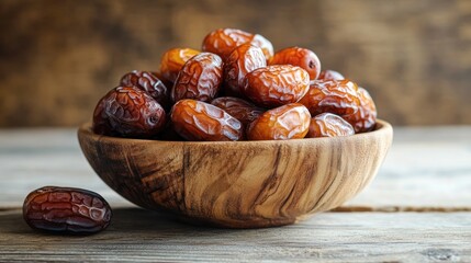 Obraz premium Sweet Dates in Wooden Bowl: A Delicious and Nutritious Snack
