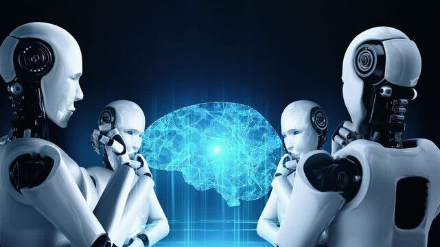 Thinking AI hominoid robot analyzing hologram screen showing concept of AI brain and artificial intelligence thinking by machine learning process. 3D rendering.
