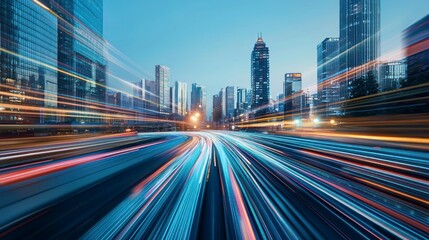 Obraz premium Dynamic cityscape at dusk with light trails from moving cars on a busy highway