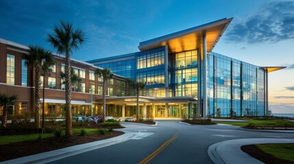 A hospital near the beach, incorporating modern architecture with coastal elements and large windows