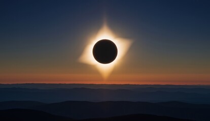 Fototapeta premium A dramatic total solar eclipse over hazy mountain ranges,