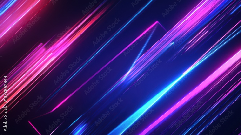 Poster abstract cyberpunk neon background with glowing geometric shapes, futuristic light trails, and deep 