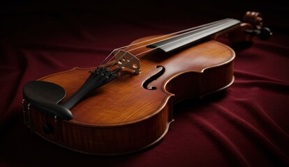 Obraz premium Elegant violin with beautiful wood grain resting on a red velvet cloth,