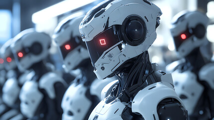 Fototapeta premium Futuristic robots using advanced AI to streamline the production of complex electronic devices in a highly automated factory.