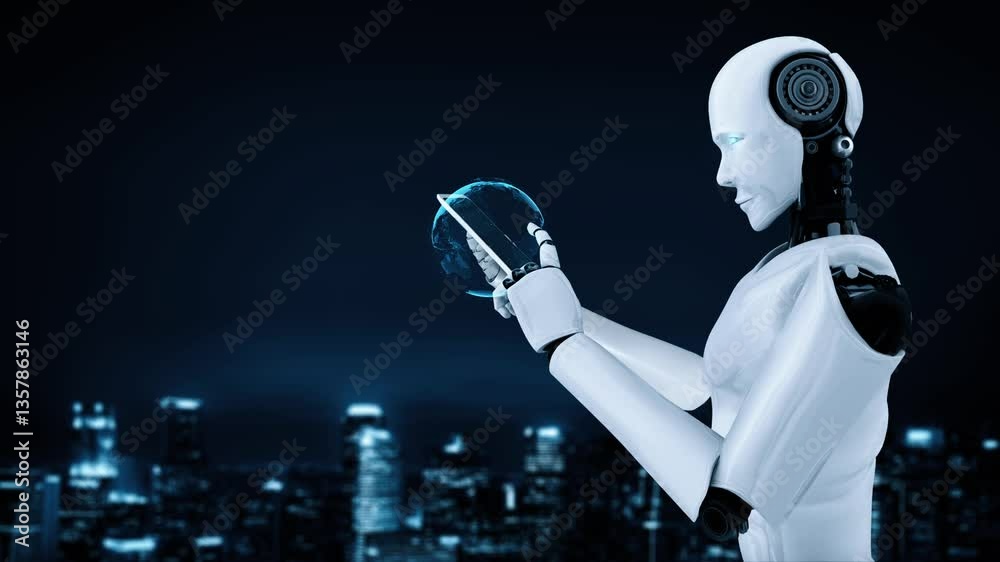 Poster ai robot huminoid uses cloud computing technology to store data on online server . futuristic concep