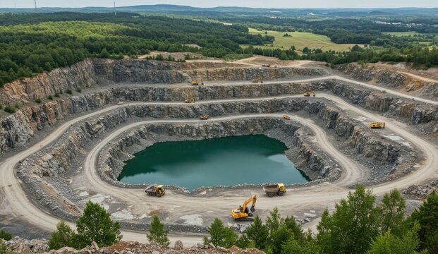 Aerial view of a quarry with heavy machinery and a lake at the bottom,