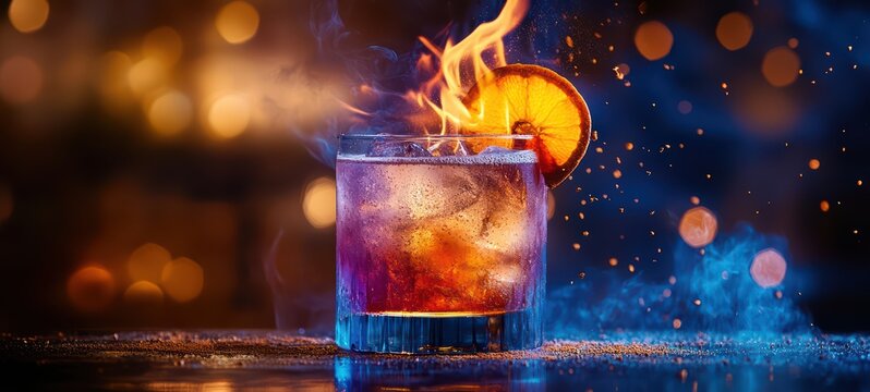 A cocktail with a dehydrated fruit garnish.