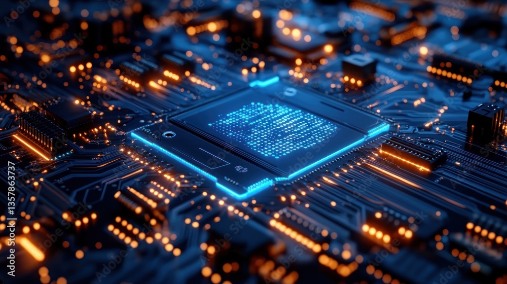 Poster digital fingerprint: a close-up view of a circuit board with an embedded fingerprint pattern glowing