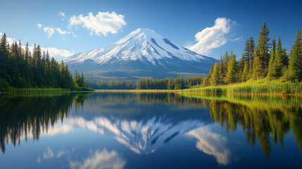 Mountain reflection in calm lake surrounded by forest