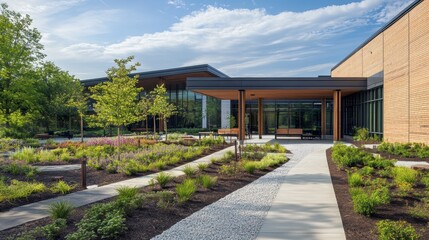 A hospital specializing in mental health care, with calming designs and private outdoor spaces