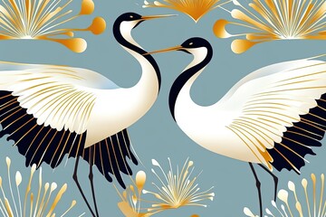 Obraz premium Elegant art deco wallpaper pattern featuring golden cranes on a muted blue background showcasing luxurious vintage style