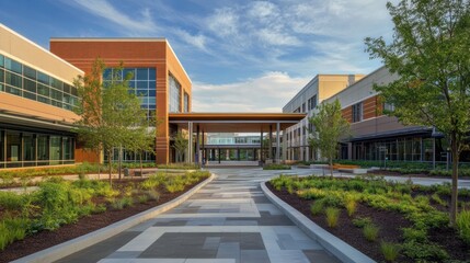 A hospital specializing in mental health care, with calming designs and private outdoor spaces