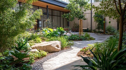Obraz premium A hospital surrounded by a healing garden, designed to provide a serene environment for patients