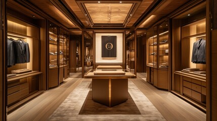 Luxurious Modern Closet Interior with Wooden Cabinets and Display Shelves