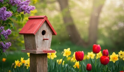 Wooden birdhouse surrounded by tulips, daffodils and lilac in Spring,