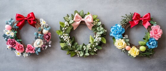 Three decorative wreaths adorned with flowers and bows are elegantly displayed on a table, showcasing a charming seasonal arrangement.