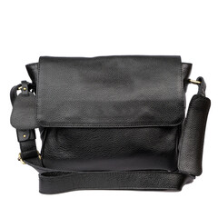 Naklejka premium Casual black leather shoulder bag isolated on white background, perfect for leather product catalog design