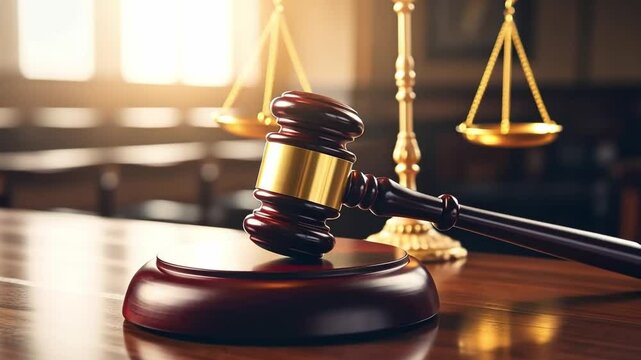 A gavel rests on a polished wood surface in a courtroom, with scales of justice in the background. Sunlight streams in, creating a serious yet reflective atmosphere about the judicial system