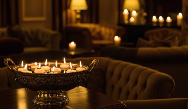 Bowl of floating candles in dimly lit, elegant hotel lobby,