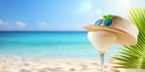 Tropical Beach Cocktail Under Summer Hat