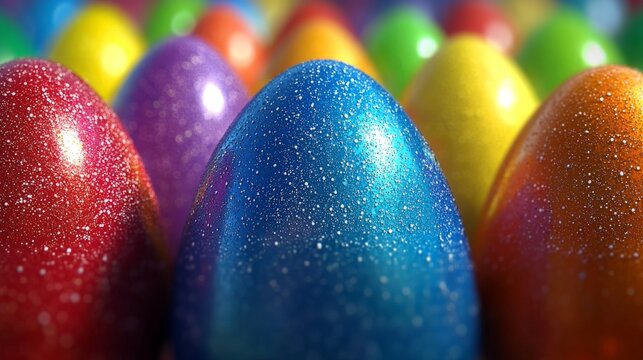Vibrant glossy colored easter eggs aligned in diagonal layout on reflective surface with vivid saturation and festive visual effect for seasonal wallpaper vector
