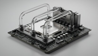 Detailed motherboard with liquid cooling system for a powerful computer,