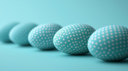 Five blue patterned easter eggs aligned on soft turquoise surface with abstract texture and clean spring aesthetic for decorative holiday wallpaper vector