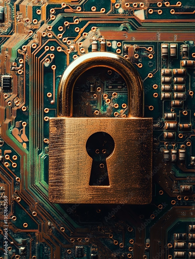 Poster golden padlock on circuit board digital security technology abstract background image modern technol