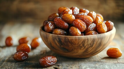 Obraz premium Sweet Dates in Wooden Bowl: A Delightful Culinary Image