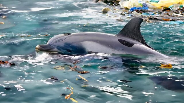 A cute dolphin surfaced near a shoreline covered in trash	
