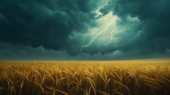 Lightning illuminating the sky above a wheat field, with ominous clouds rolling in.