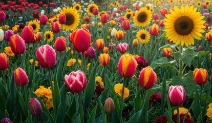 Obraz premium Field of colorful tulips and sunflowers, glistening with morning dew,